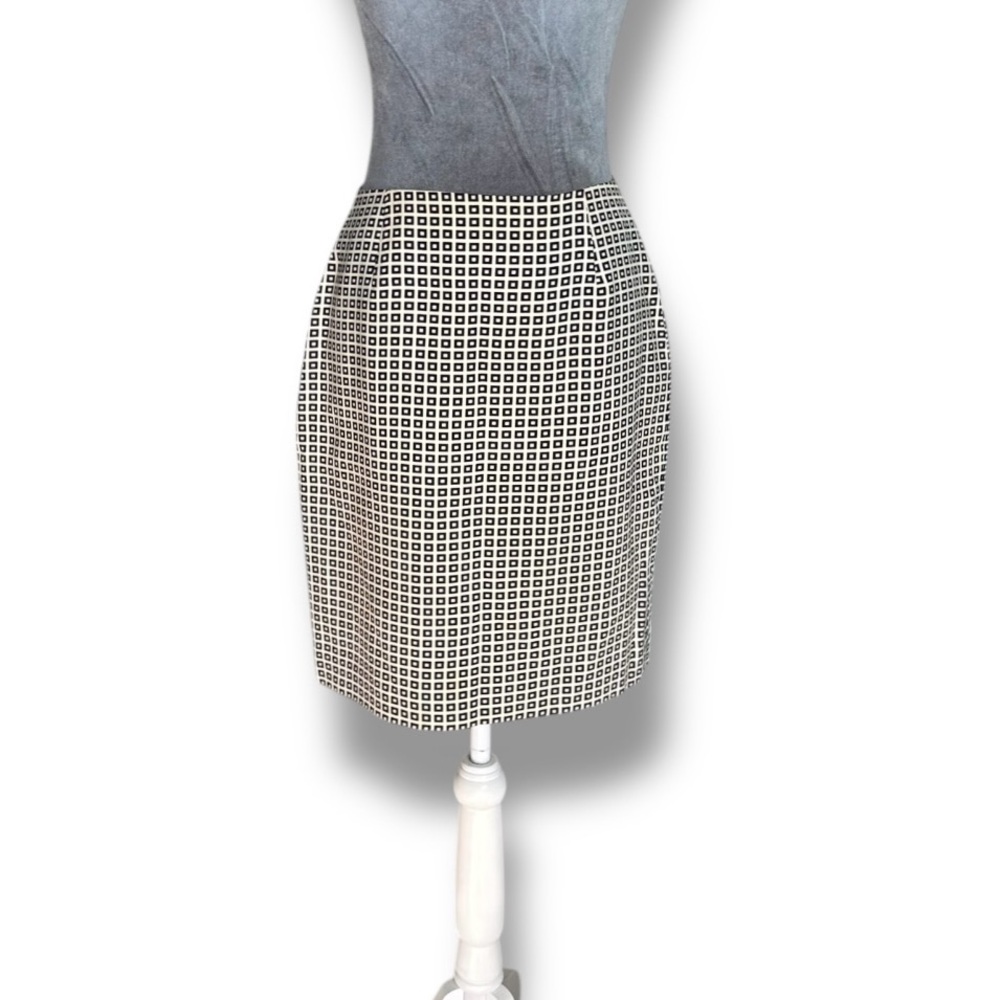 Ann Taylor 2 White 100% Silk Black Geometric Mini Pencil Skirt 2000s Y2K Office